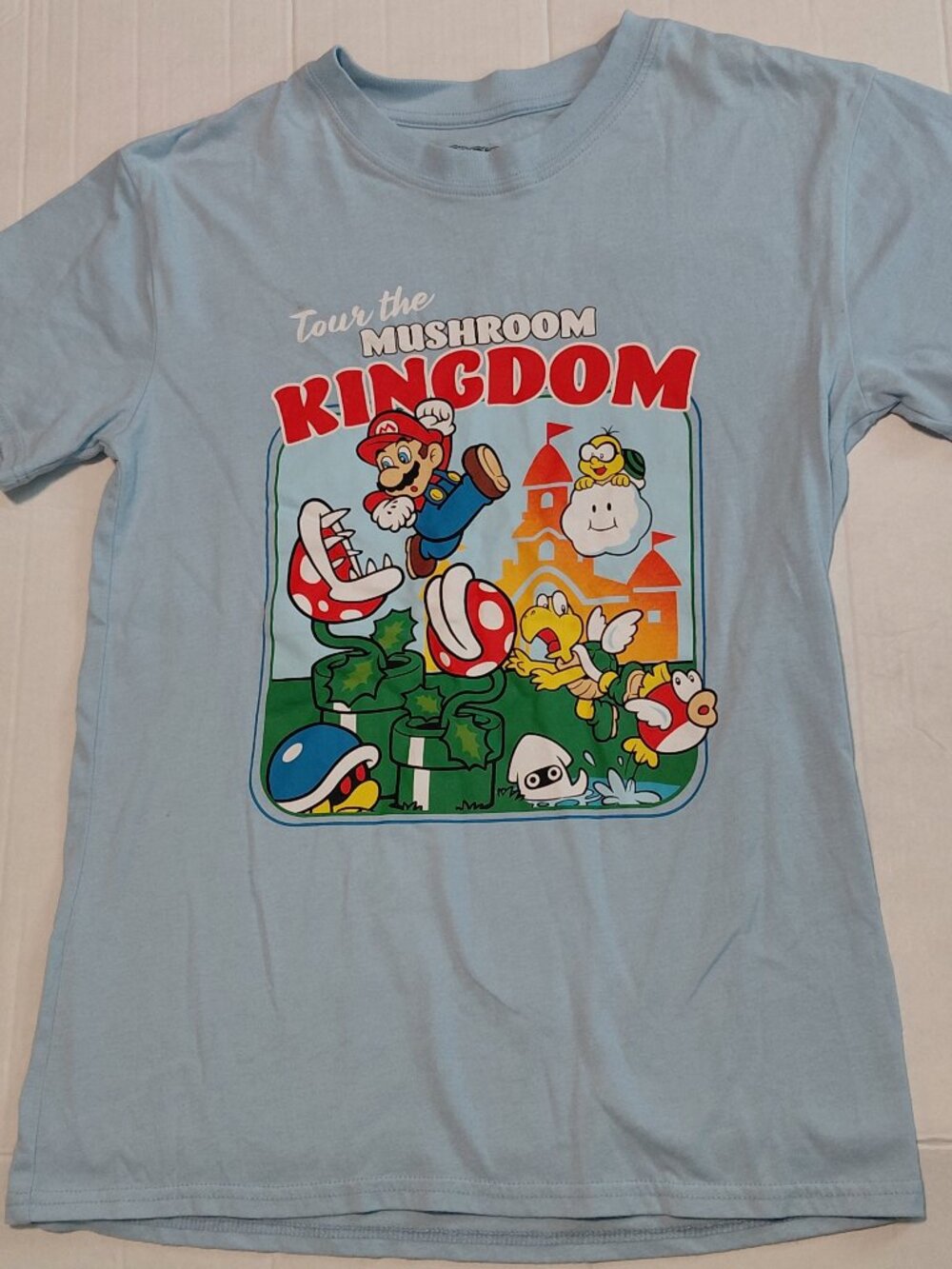 Super Mario Tour The Mushroom Kingdom Graphic Tee Youth Size Small Blue